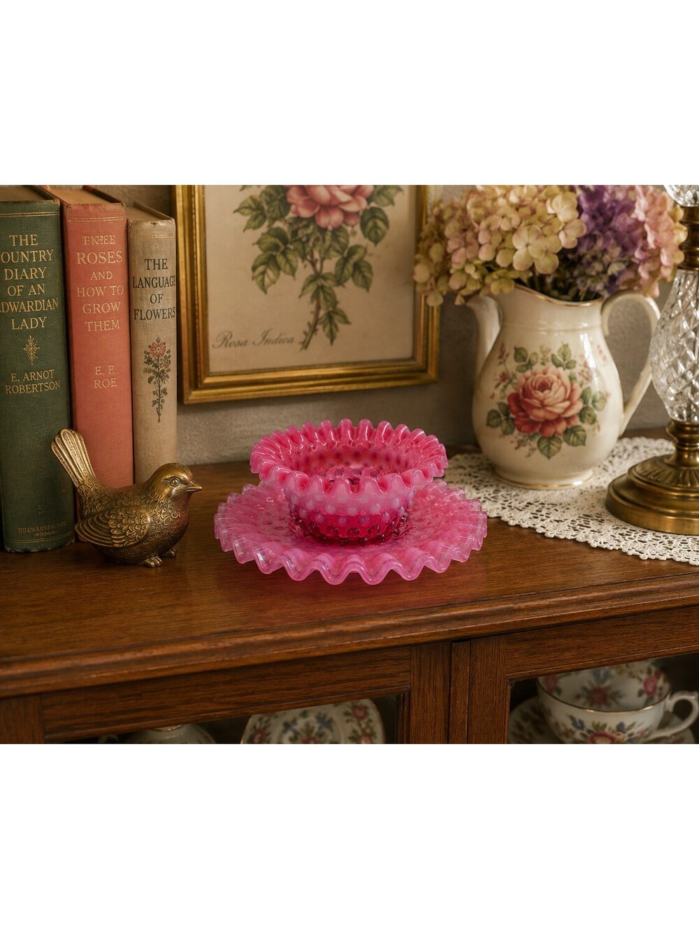 Vintage Fenton Cranberry Opalescent Hobnail Bowl Underplate Ruffled Glass